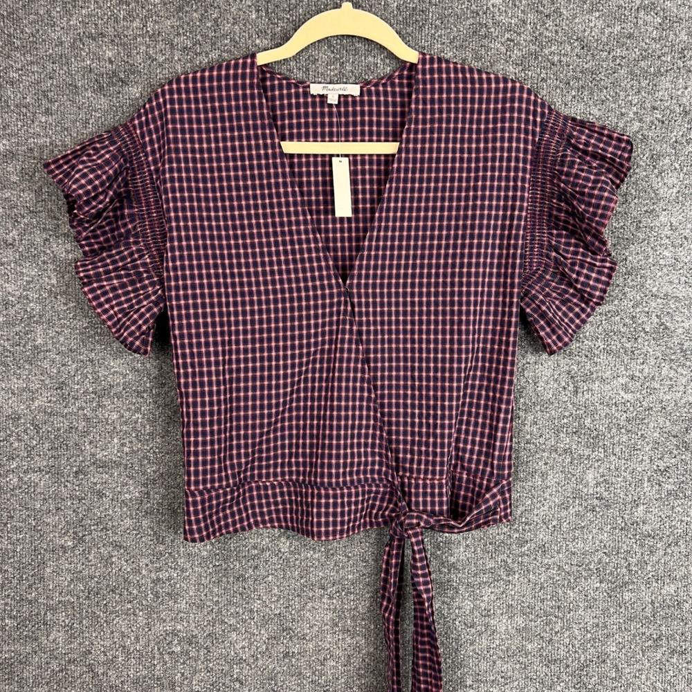 New Madewell Women‎ Plaid Flutter Sleeve Wrap Tie Front Blouse Top Size S